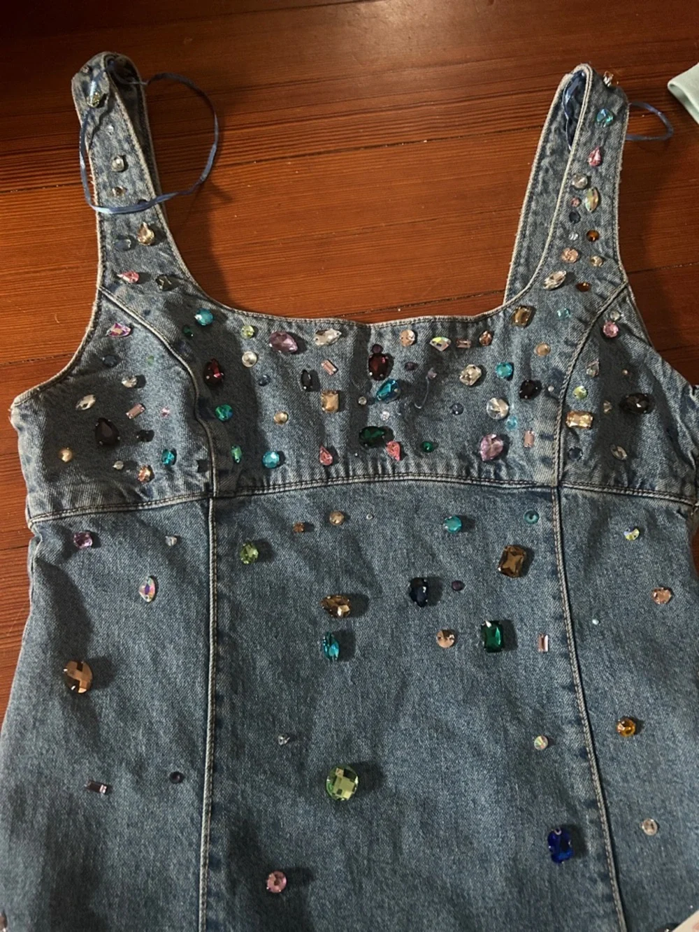 Zara Denim Mini Dress with Multicolor Gem Embellishments - Picture 5 of 5